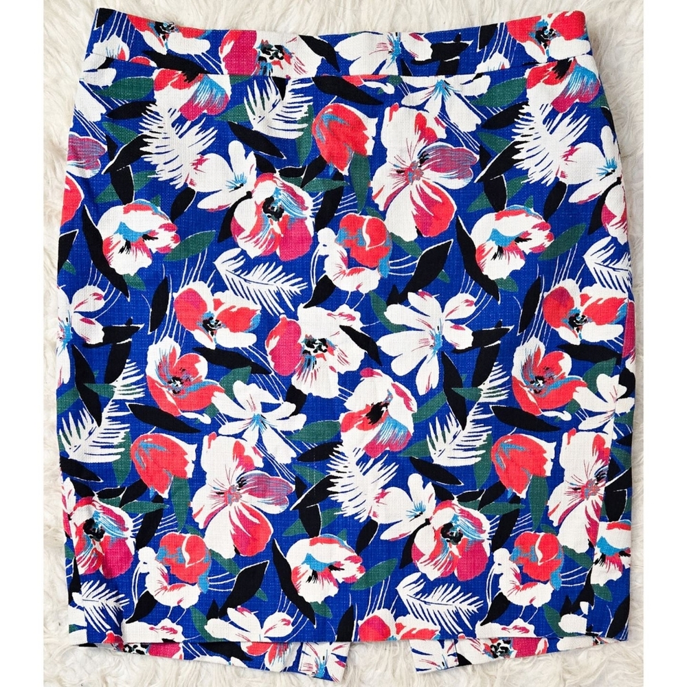 J Crew Floral Pencil Skirt Blue White Black Red Cotton